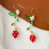 Strawberry Earrings - Strawberry Flower Leaf - Fruit Earrings - Cute - Creative Earrings - Gift - Handmade Earring